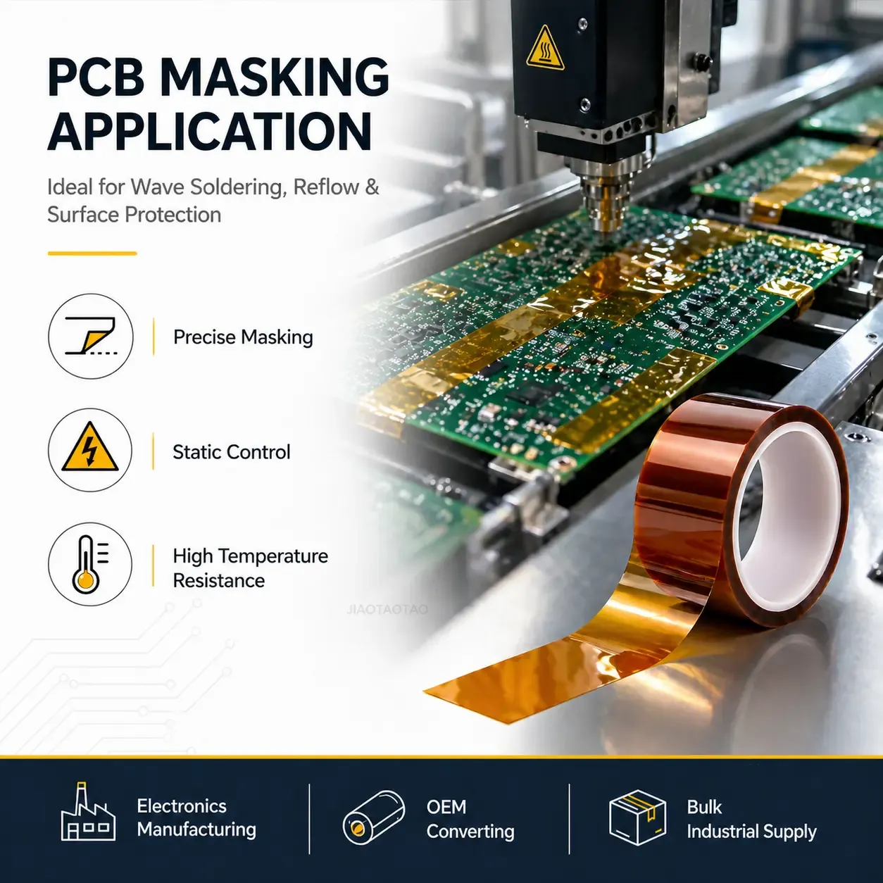 JIAOTAOTAO ESD Polyimide Tape for PCB masking and static-sensitive electronics protection.